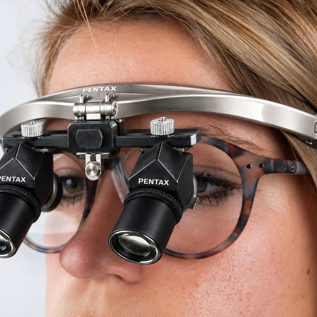 Clinician wearing PENTAX Loupes over her own prescription glasses